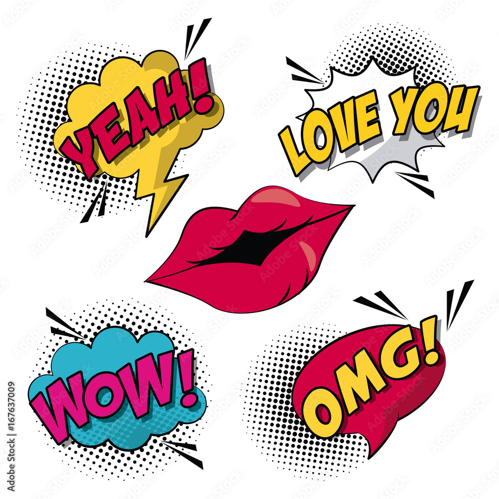 Aufkleber white background elements pop art style with halftone and lips with callout and text inside vector i