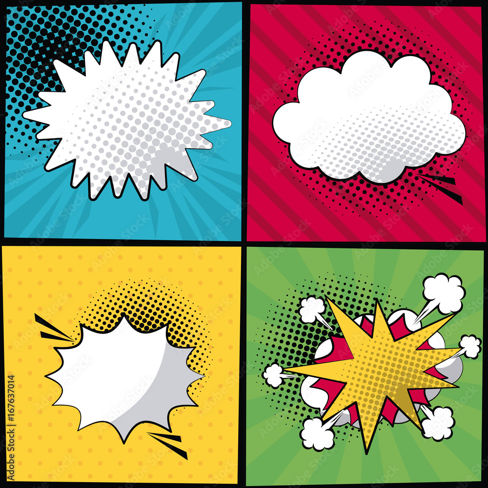 Aufkleber multicolored square banner in pop art style halftone with stripes and dialog callout in different fo