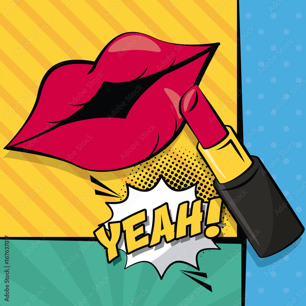 Aufkleber multicolored square banner in pop art style halftone with stripes and mouth with lipstick dialog cal