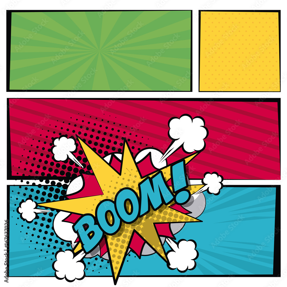 Aufkleber multicolored square banner in pop art style halftone with stripes and scream dialog callout boom tex
