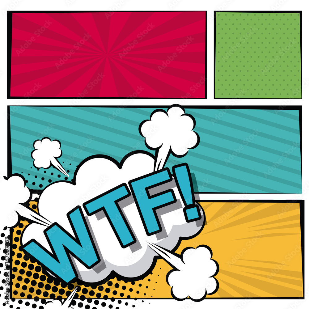 Aufkleber multicolored square banner in pop art style halftone with stripes and cloud dialog callout wtf text 