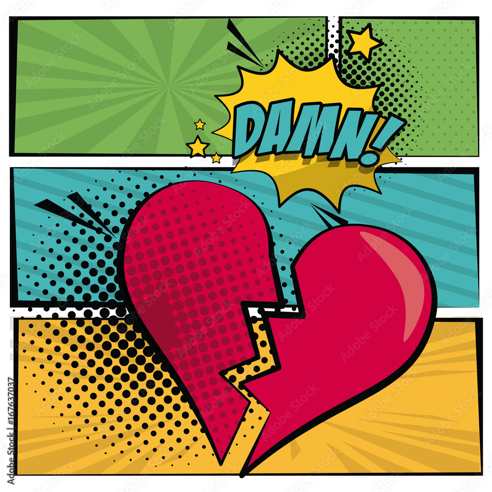 Aufkleber multicolored square banner in pop art style halftone with stripes and heart broken scream dialog cal