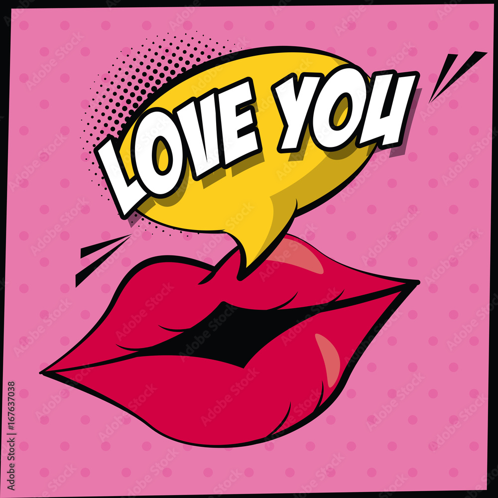 Poster color background in pop art style with dots and lips with callout with love you text vector illustra