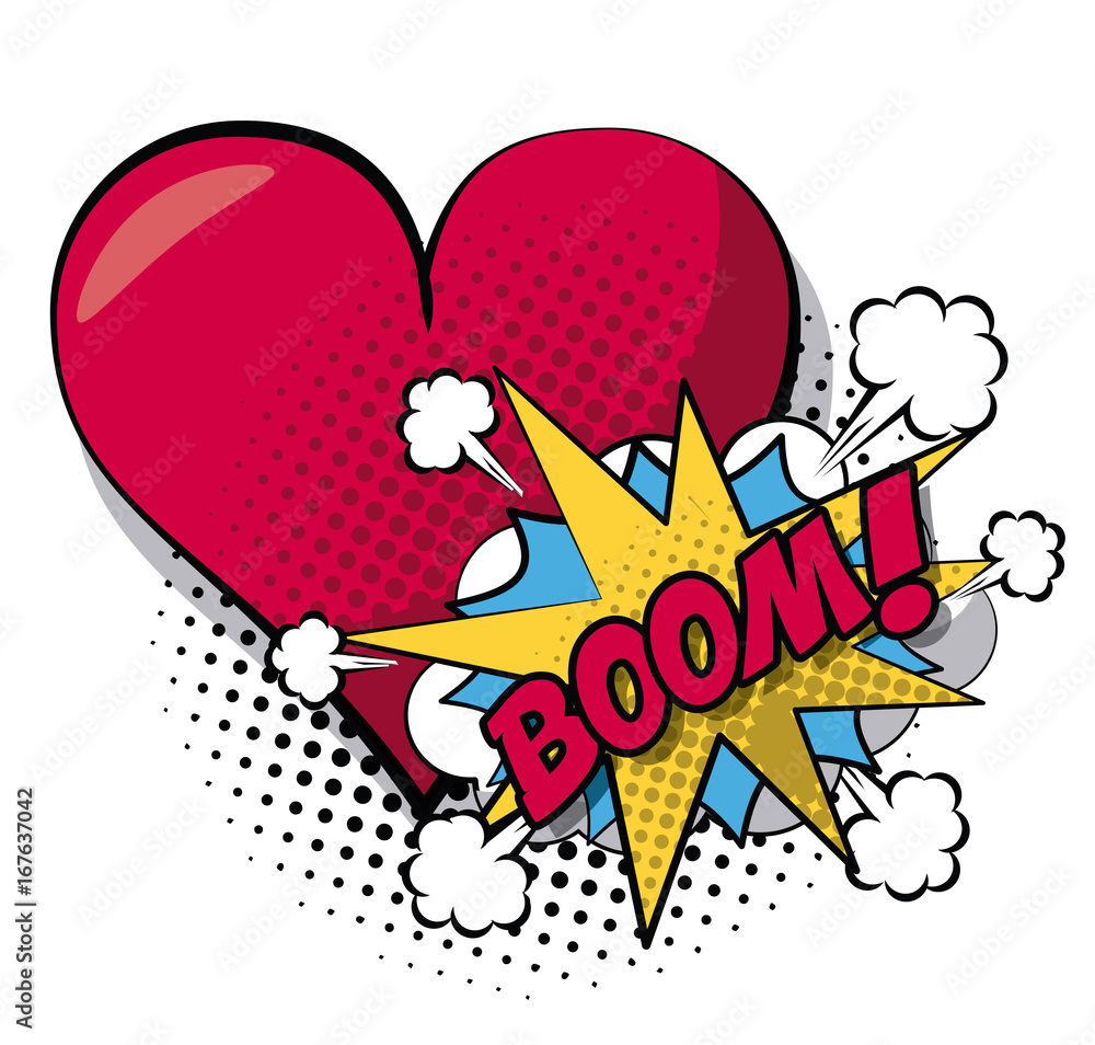 Sticker white background pop art style of cloud explosive callout for dialogue with boom text and closeup heart in halftone vector illustration