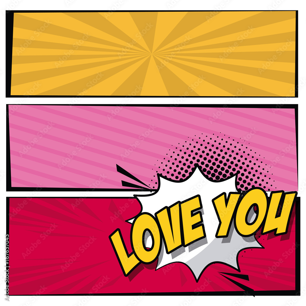 Aufkleber multicolored square banner in pop art style halftone with stripes and dotted with callout with love 