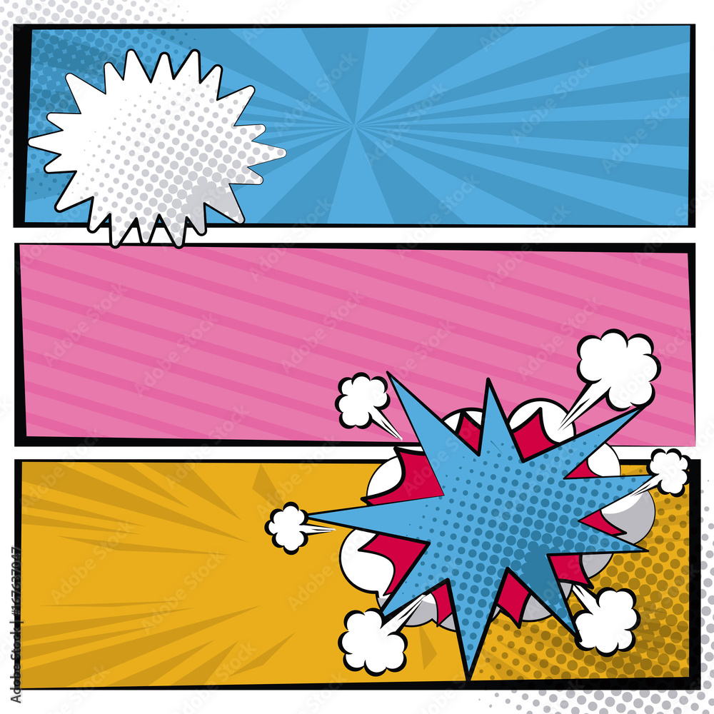 Aufkleber multicolored square banner in pop art style halftone with stripes and cloud dialog callout box vecto