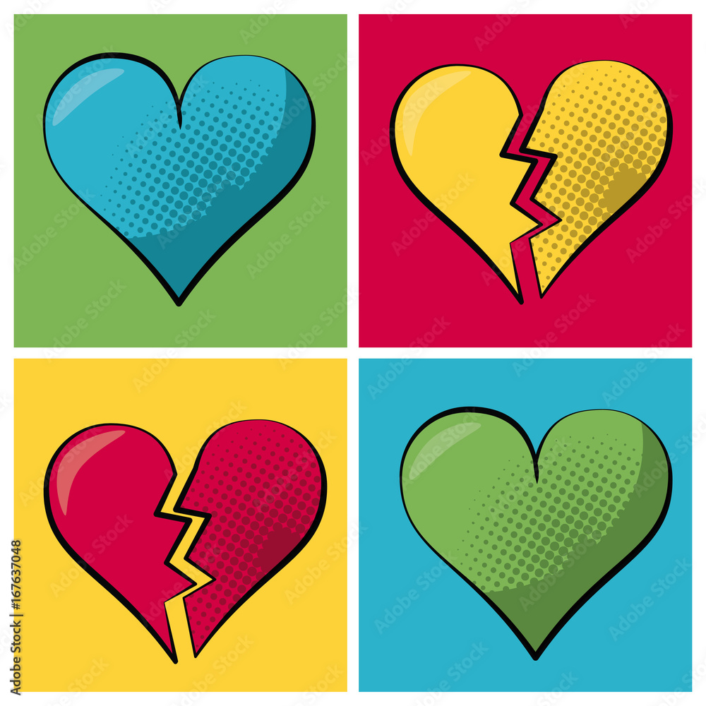 Aufkleber multicolored square banner in pop art style and set heart and broken heart vector illustration