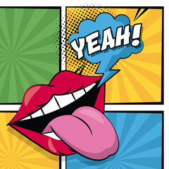 multicolored square banner in pop art style halftone with stripes and mouth with tongue out and cloud callout yeah text vector illustration