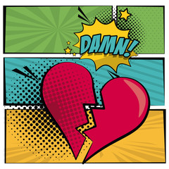 multicolored square banner in pop art style halftone with stripes and heart broken scream dialog callout damn text vector illustration