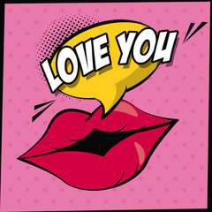 color background in pop art style with dots and lips with callout with love you text vector illustration