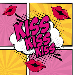 multicolored square banner in pop art style halftone with stripes and set sexy lips and callout with kiss text vector illustration