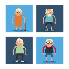 white background with colorful frames set of grandparents standing and grandmother with walking stick vector illustration