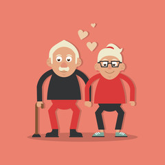 background salmon color with couple of grandparents in love and holding hands and him with walking stick vector illustration