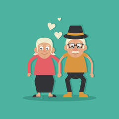 background aquamarine color with couple of grandparents in love and holding hands and him with hat vector illustration