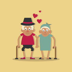 background light yellow color with couple of grandparents in love and holding hands and both with walking stick and him with hat vector illustration