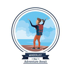 poster color of wanderlust the adventure await with climber woman celebrating at the top of mountain vector illustration