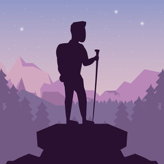 color night landscape silhouette of climber man at the top of mountain vector illustration