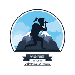 poster color silhouette of wanderlust the adventure await with hiking woman taking a picture in outdoors vector illustration