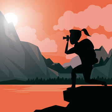 colorful sunset landscape of hiking woman taking a picture in outdoors vector illustration