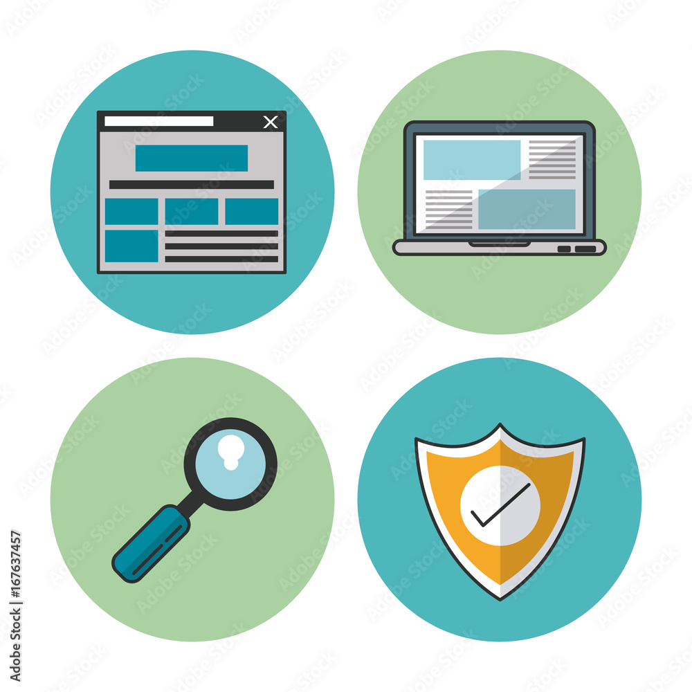 Poster white background with colorful circular frames with icons of e-commerce and shopping as web store window and laptop computer and magnifying glass and shield vector illustration