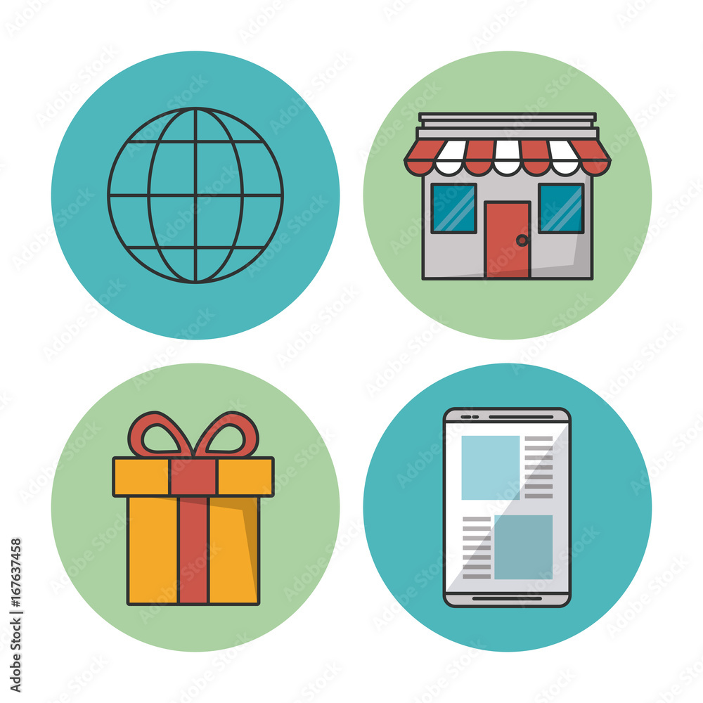 Poster white background with colorful circular frames with icons of e-commerce and shopping as world and store and gift and smartphone vector illustration