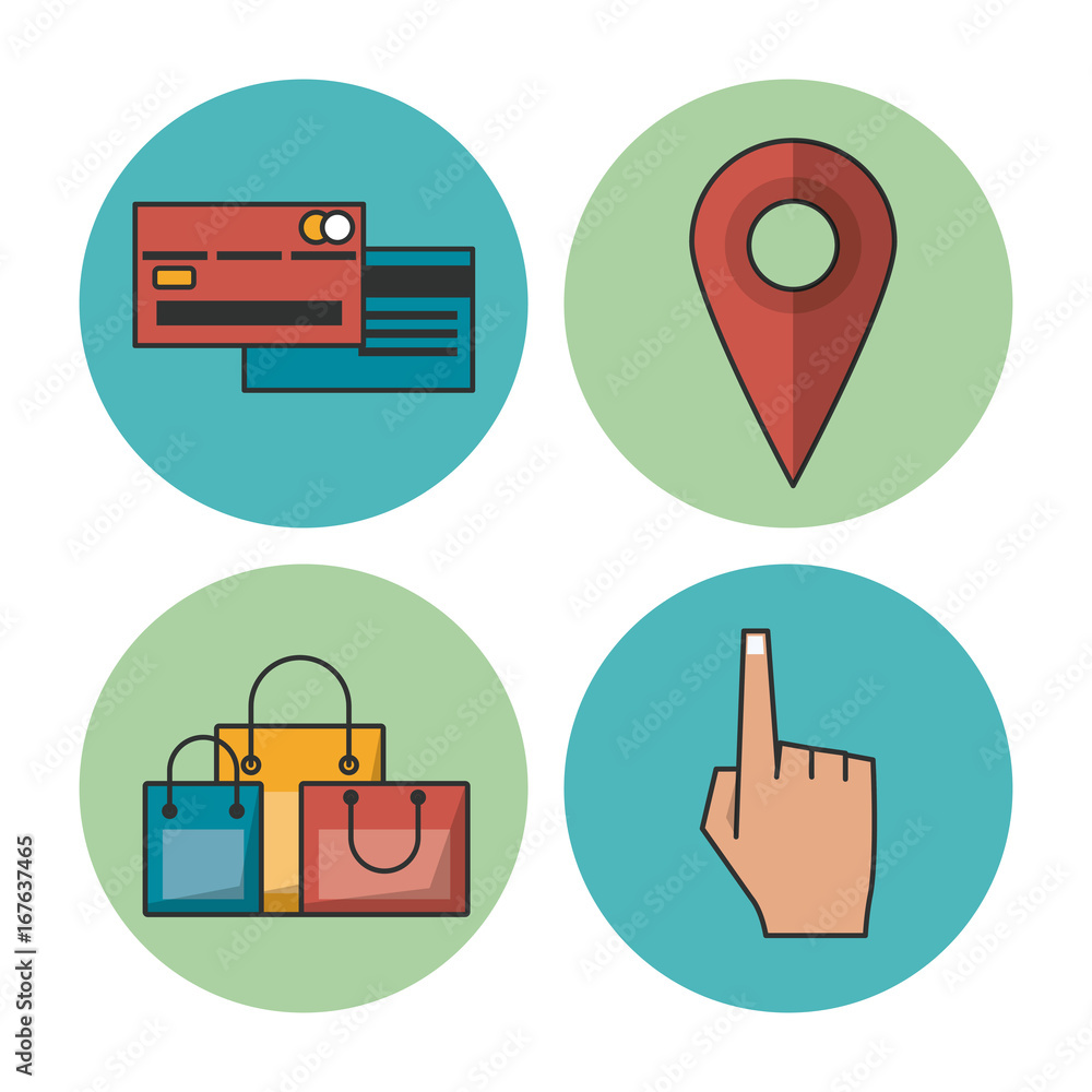 Poster white background with colorful circular frames with icons of e-commerce and shopping as credit card and map point and shopping bags and hand vector illustration