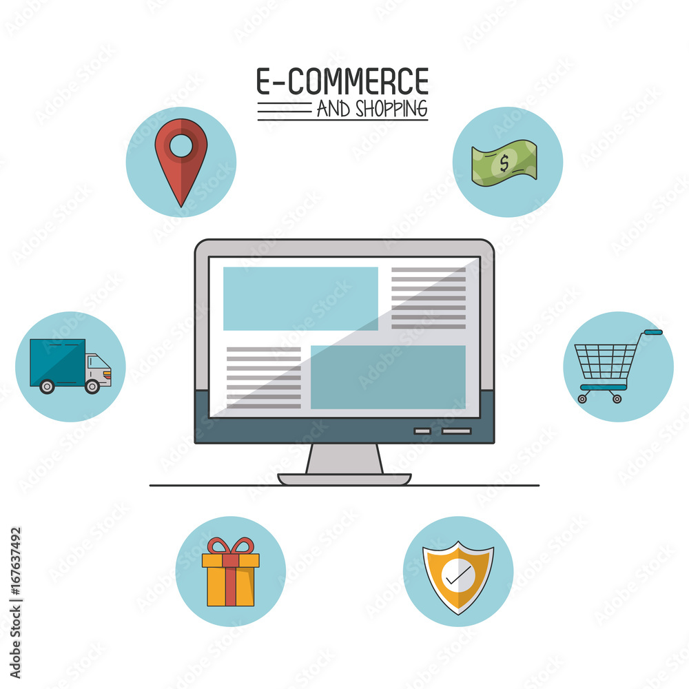 Poster colorful poster of e-commerce and shopping with desktop computer in closeup and commerce icons in spheres around vector illustration