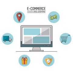 colorful poster of e-commerce and shopping with desktop computer in closeup and commerce icons in spheres around vector illustration