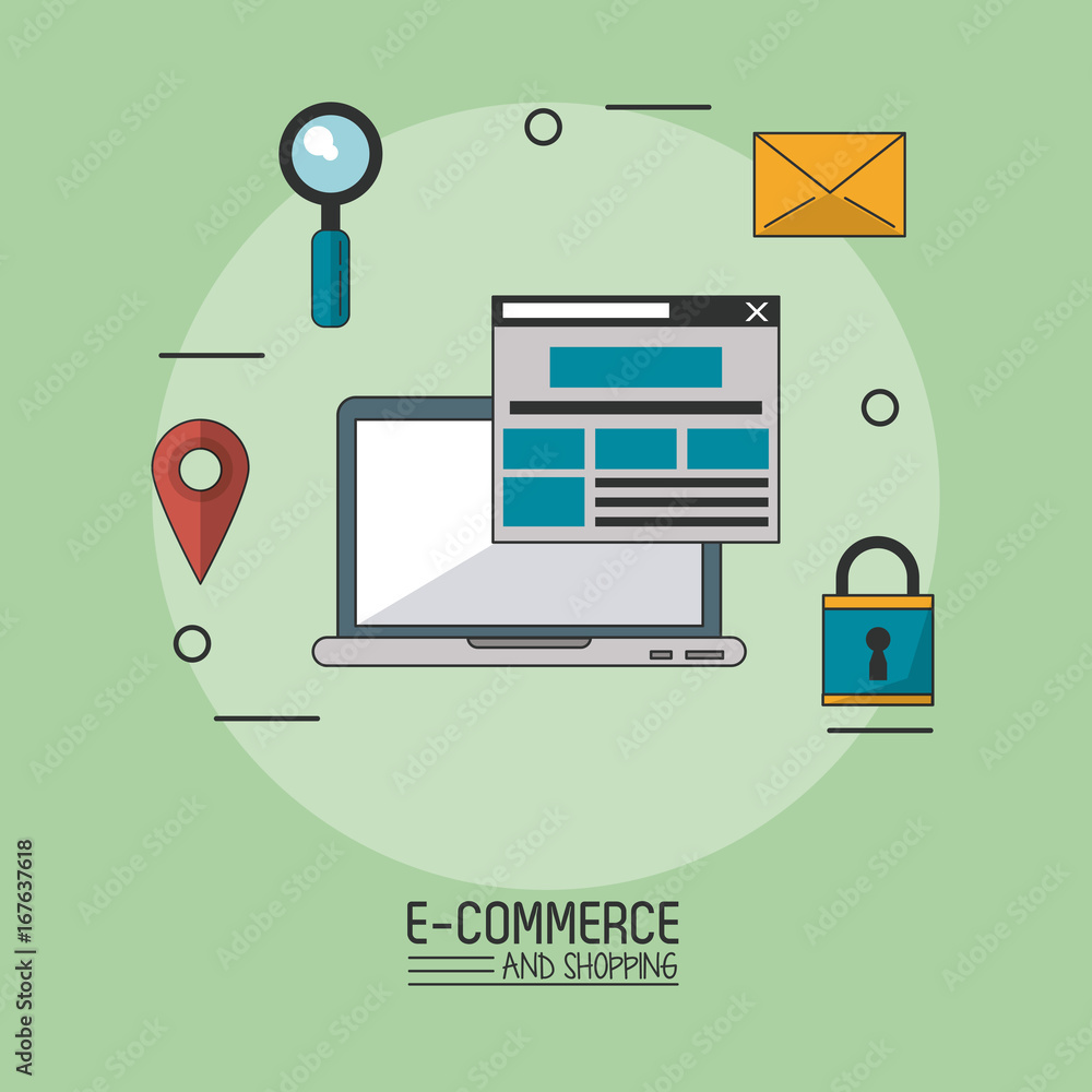 Poster colorful poster in light green background of e-commerce and shopping with laptop computer in closeup