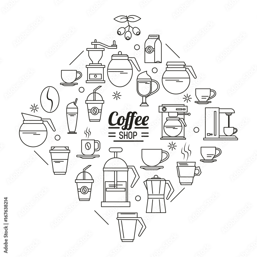 Canvas Prints monochrome poster of coffee shop with several icons related to coffee vector illustration