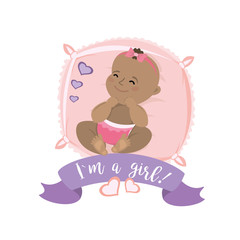 Cute Newborn baby lies on a pillow, card or banner,
