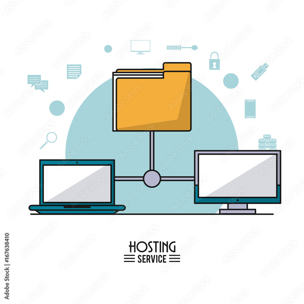 Poster colorful poster of hosting service with computer network sharing information vector illustration