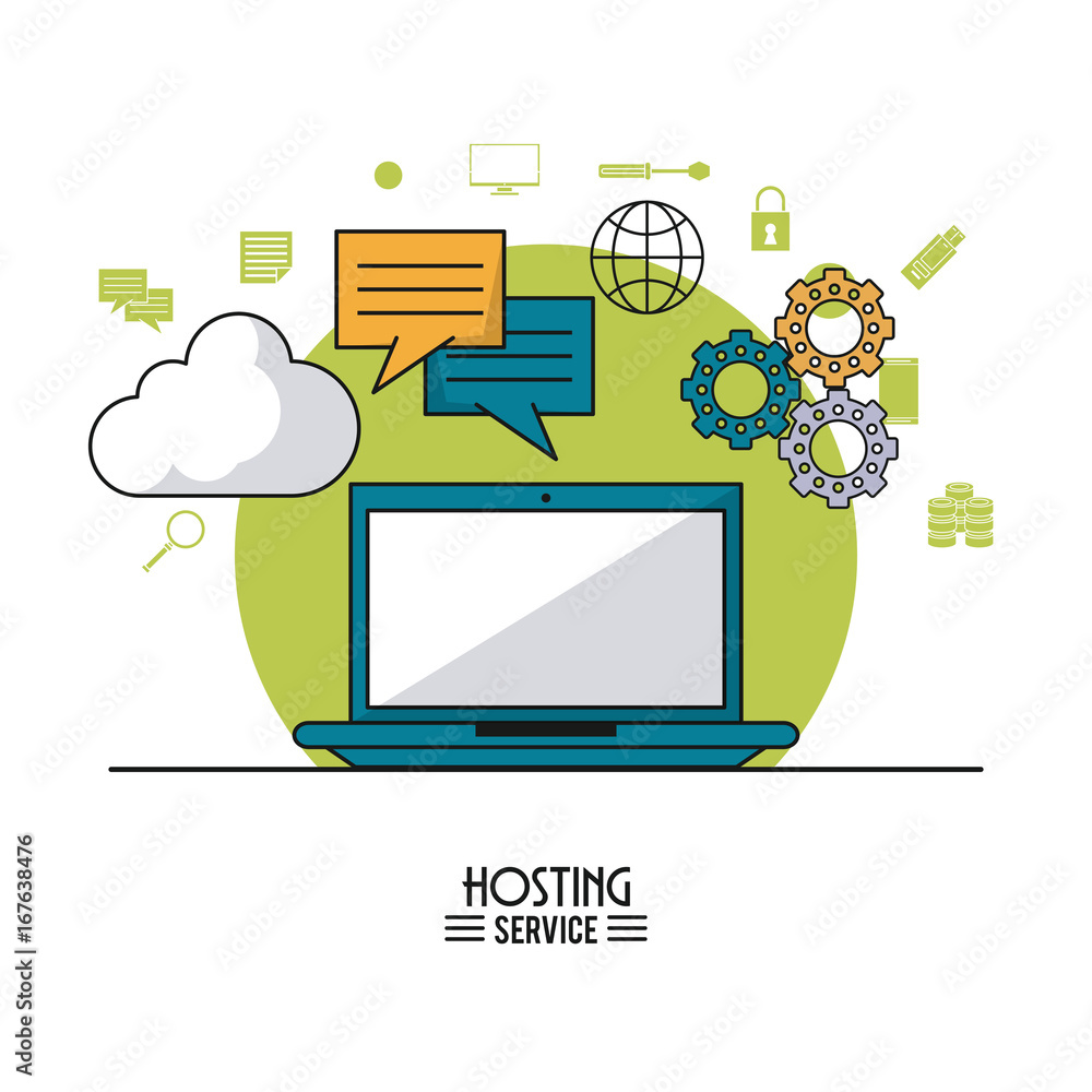 Poster colorful poster of hosting service with laptop computer and icons of cloud service and tools on top 