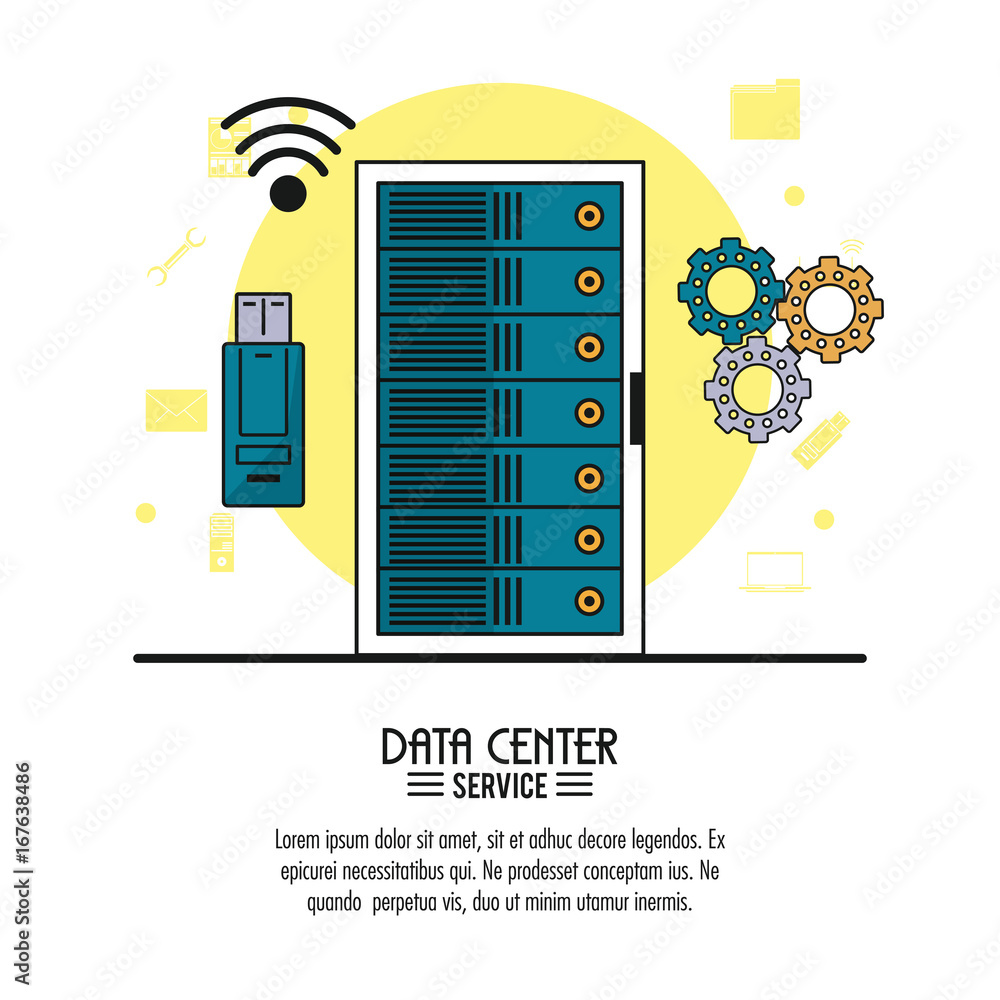 Poster colorful poster of data center service with rack server and usb memory and tools vector illustration
