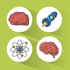 green background with colorful spheres with icons of brain and atom and rocket vector illustration