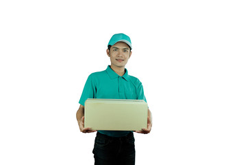 Portrait of delivery man isolated on white background,copy space,transportation concept