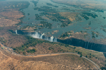 Naklejka premium Victoria Falls in Zimbabwe at drought, aerial shot