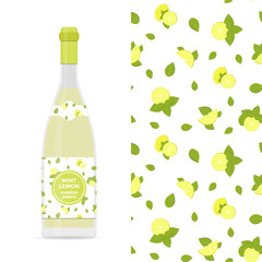 Lemon and mint vector colorful seamless pattern and bottle of limonade