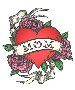 Naklejki Tattoo Heart in Rose flowers with Ribbon