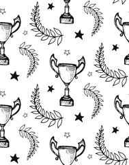 hand drawn champion seamless pattern with laurels, stars and cup of the winner
