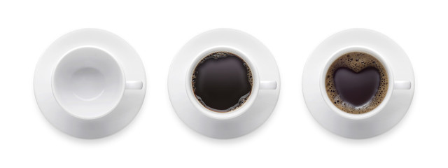 Top view - heart shape or love symbol on coffee cup, empty coffee cup, black hot coffee cup. 3 style coffee cup isolate on white background with clip path.