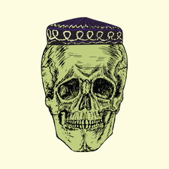 Skull in skullcap hat, hand drawn doodle, sketch in woodcut style, color vector illustration