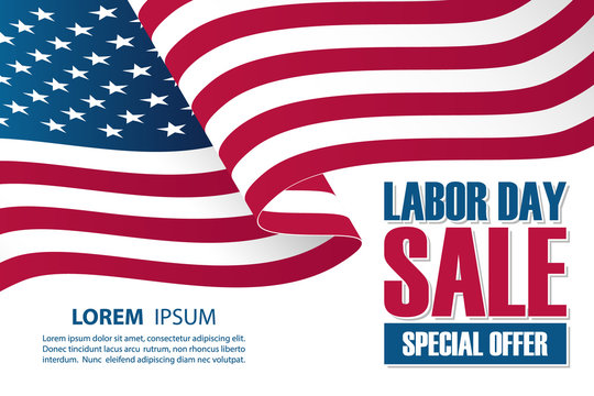Labor Day Sale banner with waving american national flag. Special offer background for business, promotion and advertising. Vector illustration.