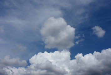 青空と丸い印象的な雲「空想・雲のモンスターたち」印象的、存在感、丸くなる、ふわふわになる、暑さを乗り切る、暑い、暑い夏、親子、母子家庭などのイメージ（中央の丸い雲などに短いキャッチフレーズを入れると効果的）案・丸い印象的な雲をいかし、下の雲に文字を入れるなら、「夏が来た！」「夏が行く」など。丸い雲になら、「渇」「暑ぃ」など