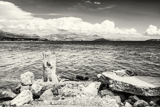 View from the beach Pantan, Trogir to the sea, colorless