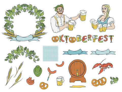 Vector set Oktoberfest. Isolated sketch illustration of man and woman in national costumes with mugs beer, sausage, pretzels, wreath frame from hops and ear of wheat. Seamless pattern of rhombuses.