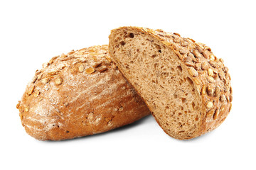 Tasty loaf of bread on white background
