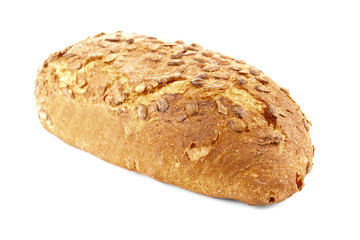 Tasty loaf of bread on white background