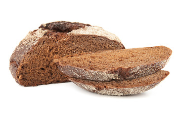 Loaf and two slices of rye bread on white background