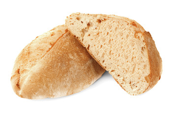 Tasty loaf of bread on white background